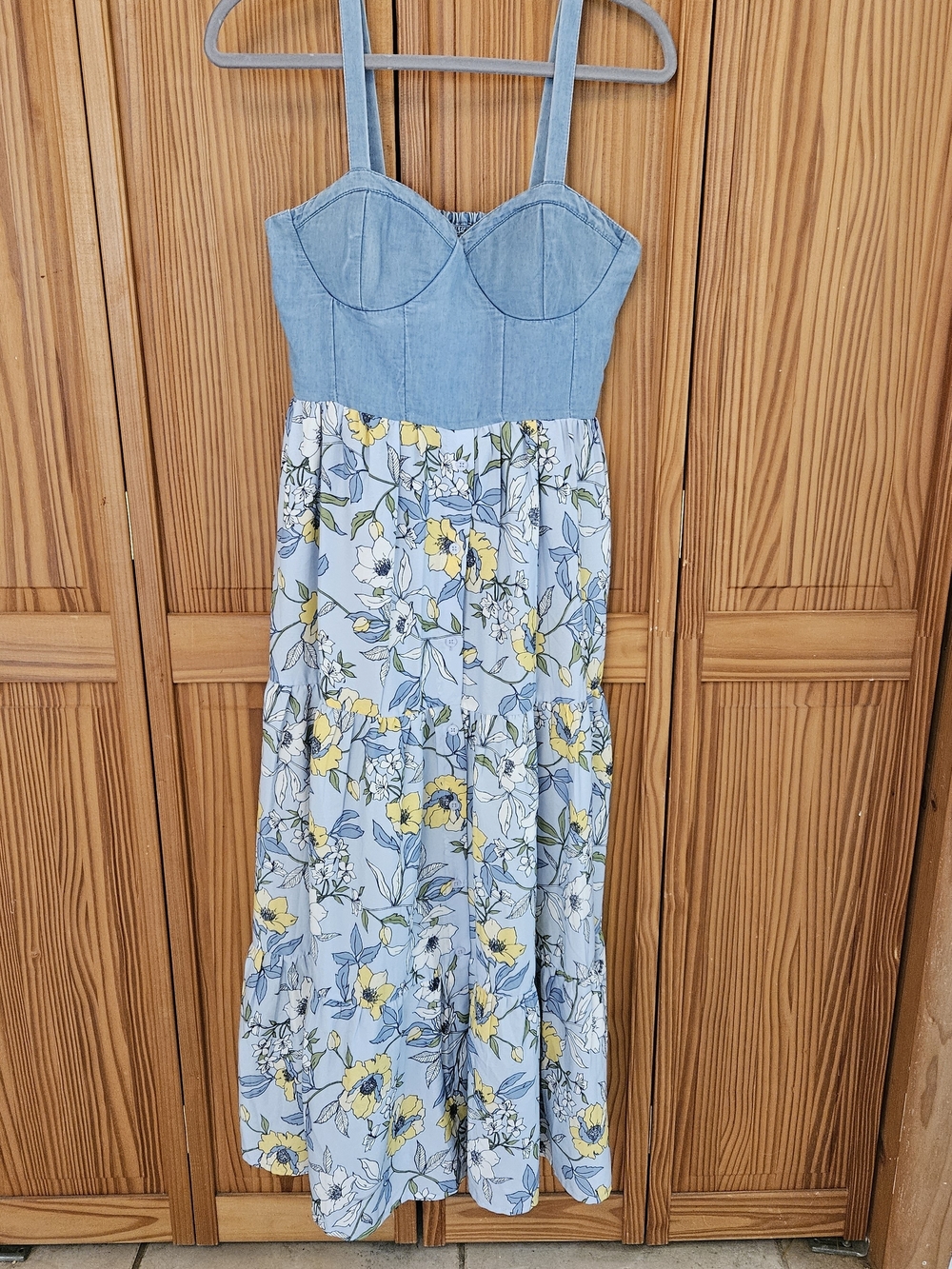 Denim Bodice Floral Maxi Dress in Light Blue and Yellow
